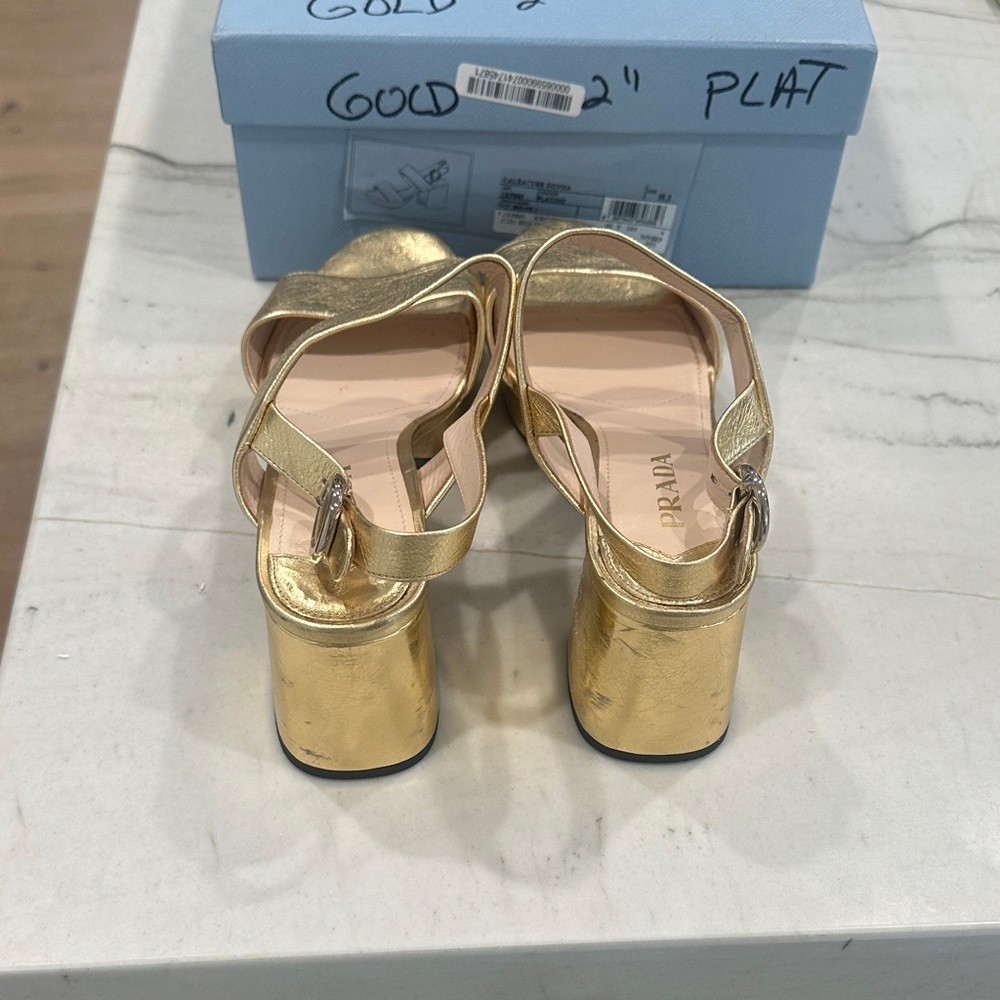 Prada Gold Block Heel Sandals - Picture 4 of 11